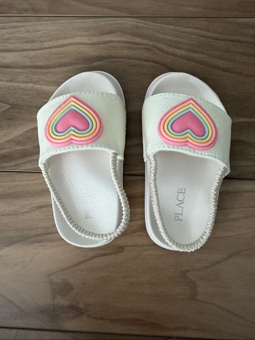 The Children's Place White Slide Sandals with Pink Rainbow Heart Accent
